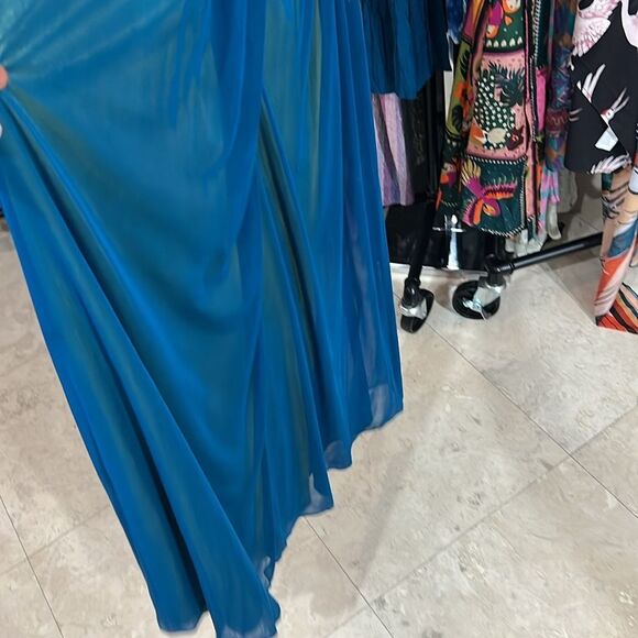 Cache Beaded Evening Gown Turquoise Overlay Maxi Jeweled 2 - Picture 6 of 7